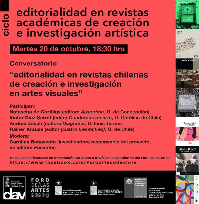 Martes 20 de octubre, 18:30 hrs: "Editorialidad en revistas chilenas de creación e investigación en artes visuales"
