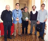 ( De izq. a der.) Francisco Brugnoli, Director del MAC; Martín Centeno; Prof. Sergio Rojas; Prof. Rodrigo Zúñiga; Prof. Gabriel Castillo. 