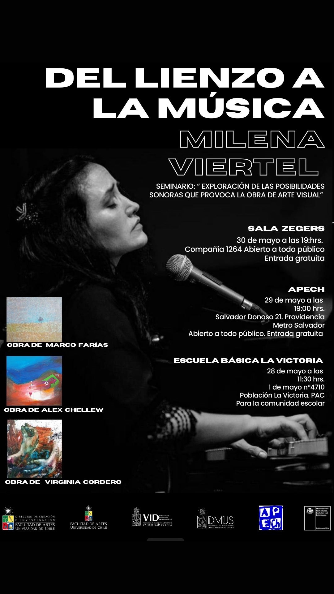 El proceso creativo y resultado final será expuesto en tres instancias: para la comunidad escolar, el próximo 28 de mayo en la Escuela Básica La Victoria. Luego, abierto a todo público, el 29 de mayo en la Asociación de pintores y escultores de Chile, APECH, y el 30 de mayo en la Sala Zegers.